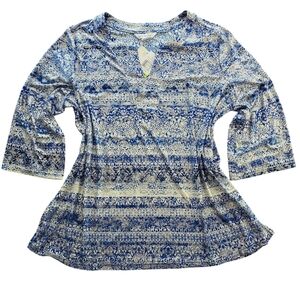 NWT Emily Daniels Blue/White/Silver Metallic Tunic Stripe Filigree, Women Sz 1X
